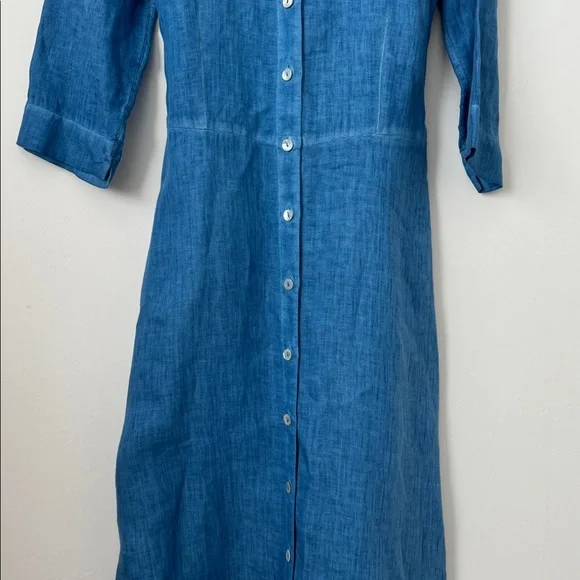 120% Lino 100% Linen Blue Button Front Tie Waist Midi Shirt Dress Size: 42 - Picture 3 of 12